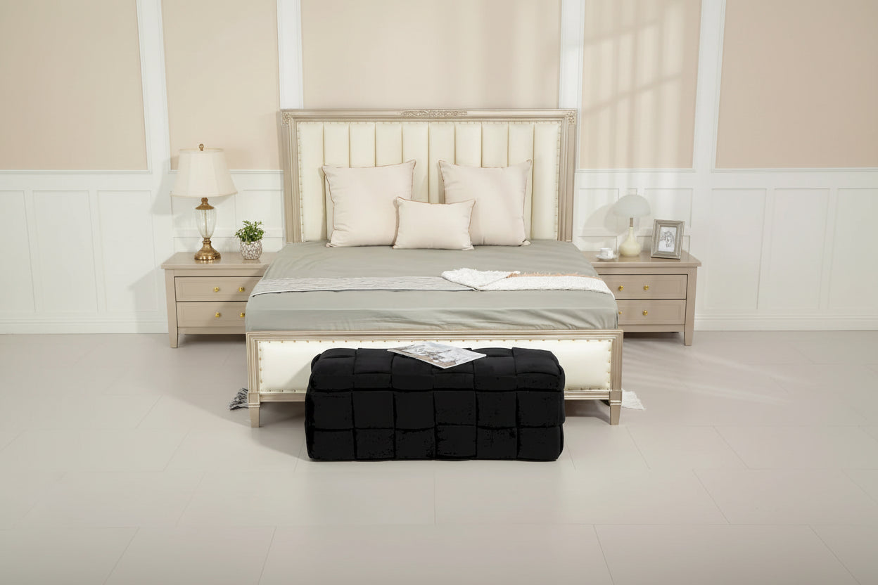 Pouf de rangement en velours avec charnière de sécurité, aucun assemblage requis