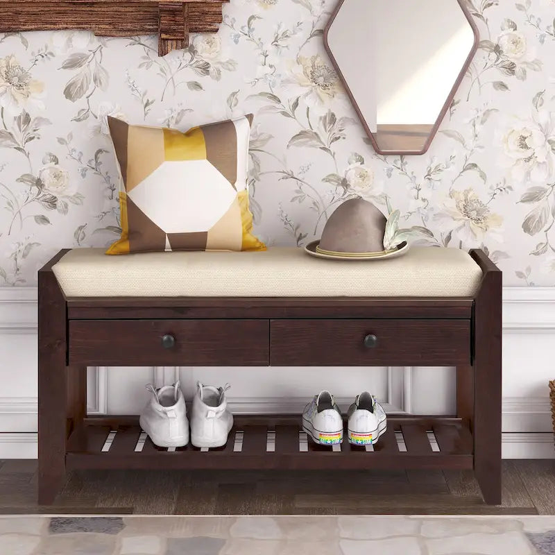 Shoe Rack with Cushioned Seat and Drawers, Multipurpose Entryway Storage Bench