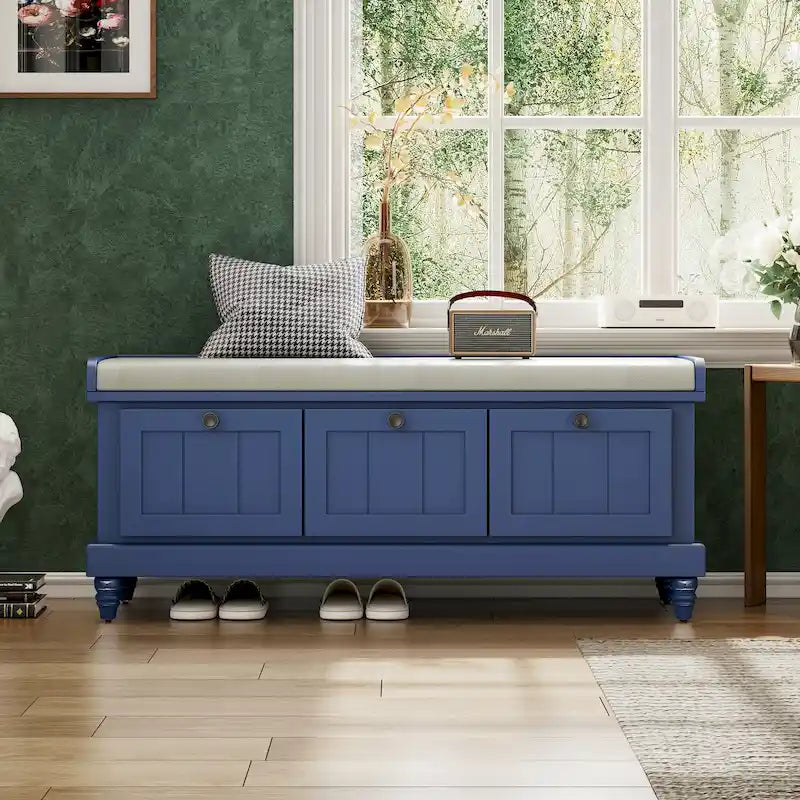 Banc à chaussures avec coussin rabattable et espace de rangement caché, banc de rangement à chaussures pour entrée avec 3 tiroirs, banc de bout de lit pour chambre