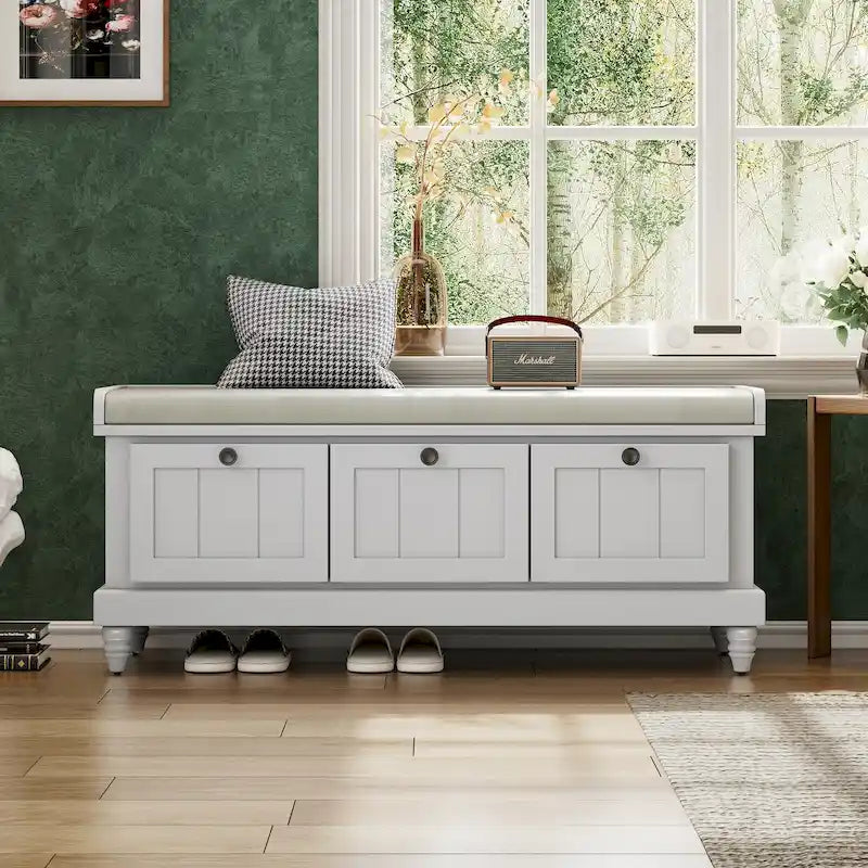 Banc à chaussures avec coussin rabattable et espace de rangement caché, banc de rangement à chaussures pour entrée avec 3 tiroirs, banc de bout de lit pour chambre