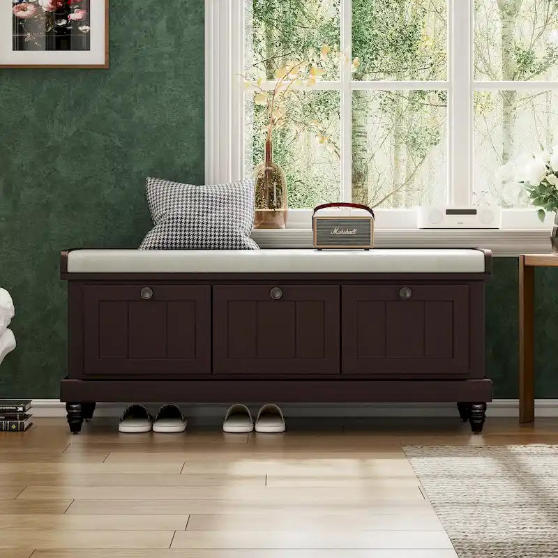 Banc à chaussures avec coussin rabattable et espace de rangement caché, banc de rangement à chaussures pour entrée avec 3 tiroirs, banc de bout de lit pour chambre