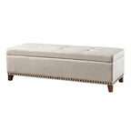 Banc de rangement ottoman, 130 cm, tissu beige, clous décoratifs en laiton