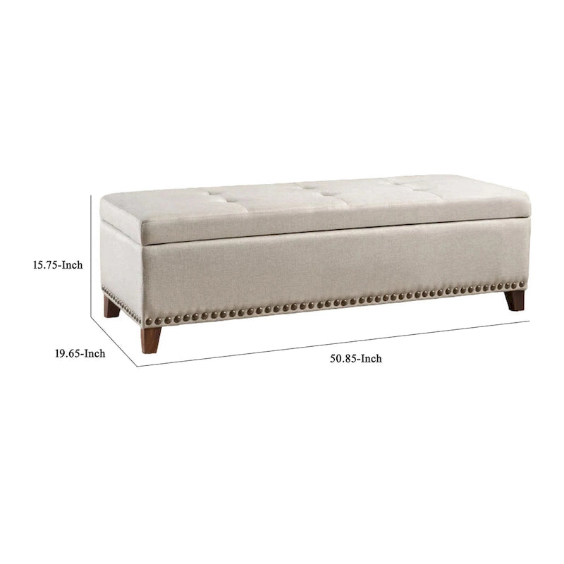 Banc de rangement ottoman, 130 cm, tissu beige, clous décoratifs en laiton