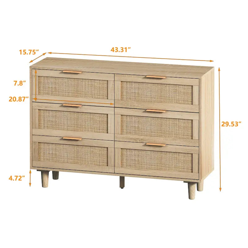 Commode de rangement en rotin à 6 tiroirs, pour chambre à coucher, salon, couleur bois
