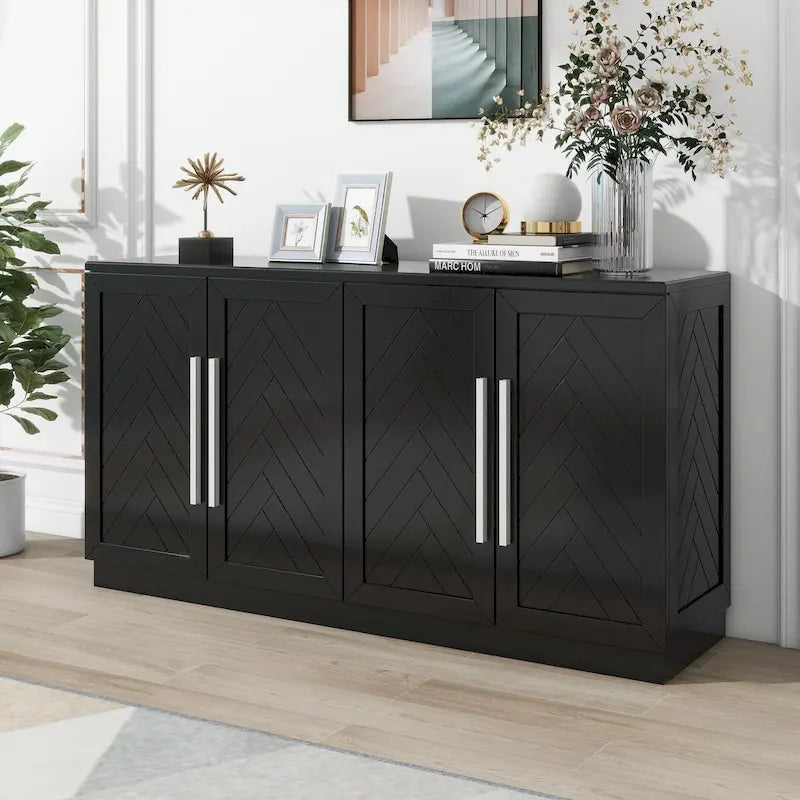 Bahut 4 portes grand espace de rangement Meuble de rangement avec étagères réglables et poignées argentées pour cuisine