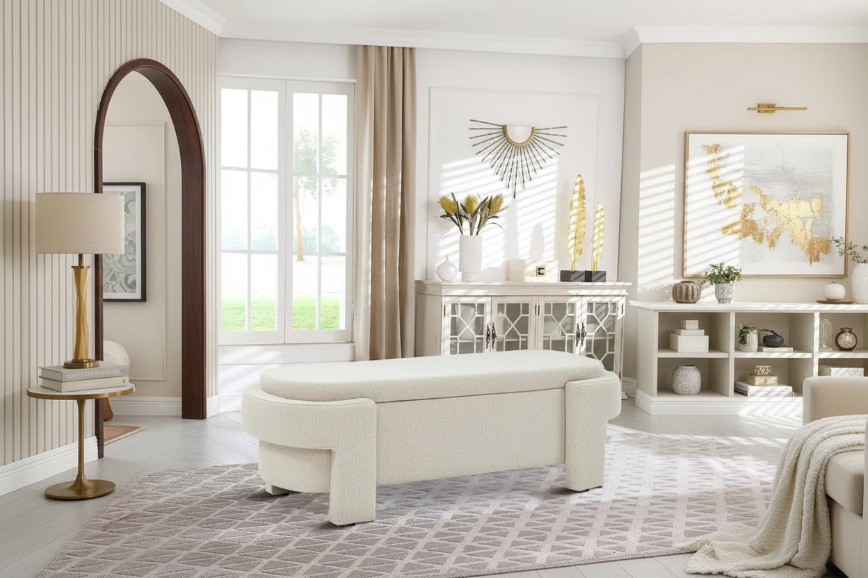 French Minimalist Fabric Upholstered Storage Bench with Four Upholstered Legs