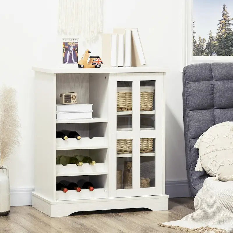 Buffet moderne, Desserte de cuisine avec casiers à vin, Porte coulissante en verre, Étagères de rangement pour salon