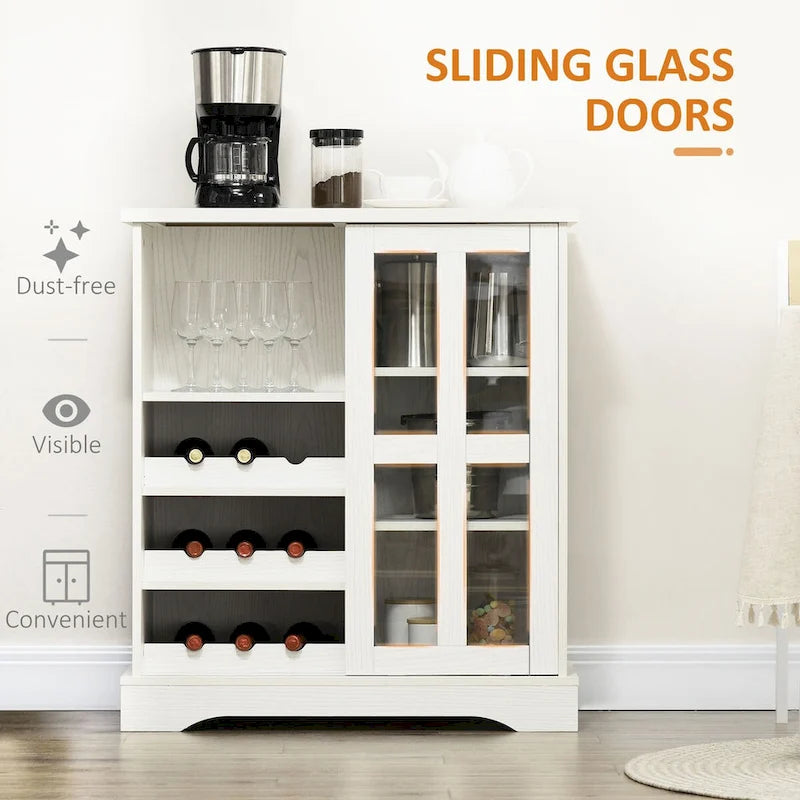 Buffet moderne, Desserte de cuisine avec casiers à vin, Porte coulissante en verre, Étagères de rangement pour salon