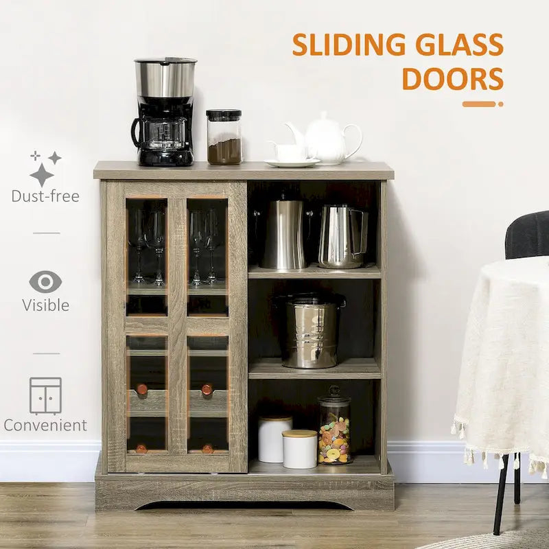 Buffet moderne, Desserte de cuisine avec casiers à vin, Porte coulissante en verre, Étagères de rangement pour salon