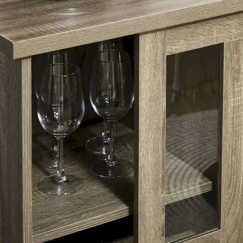 Buffet moderne, Desserte de cuisine avec casiers à vin, Porte coulissante en verre, Étagères de rangement pour salon