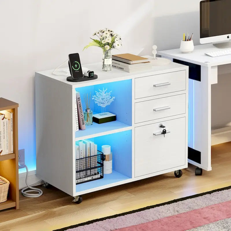 Classeur mobile 3 tiroirs avec éclairage LED et station de recharge, compatible avec les formats A4/Lettre