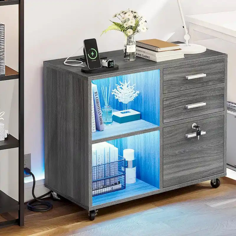 Classeur mobile 3 tiroirs avec éclairage LED et station de recharge, compatible avec les formats A4/Lettre