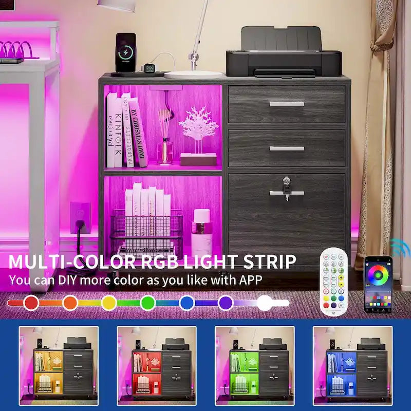 Classeur mobile 3 tiroirs avec éclairage LED et station de recharge, compatible avec les formats A4/Lettre