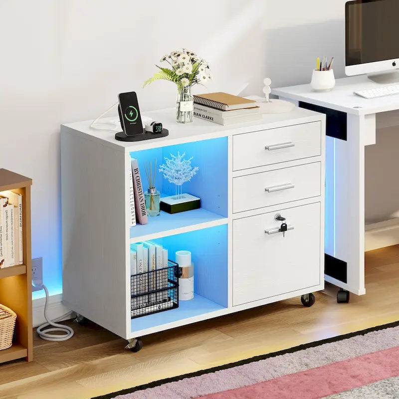 Classeur mobile 3 tiroirs avec éclairage LED et station de recharge, compatible avec les formats A4/Lettre