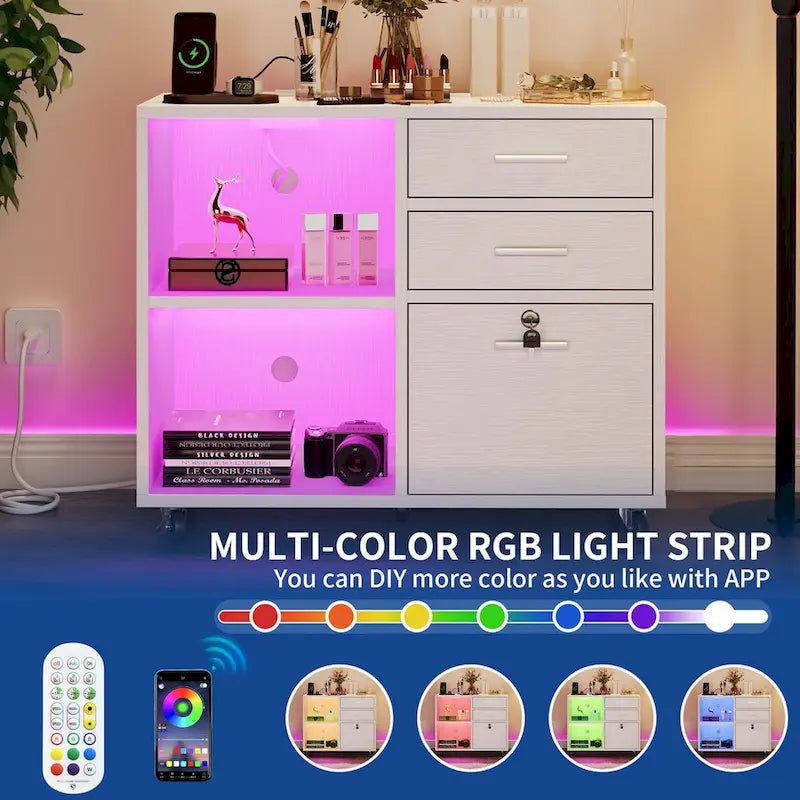 Classeur mobile 3 tiroirs avec éclairage LED et station de recharge, compatible avec les formats A4/Lettre