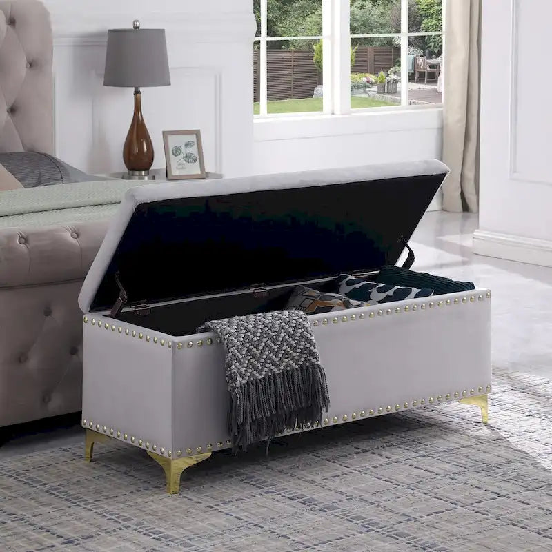 Ensemble de grands bancs de rangement, bancs 2 en 1 avec garniture cloutée, bancs en velours capitonné avec pieds dorés, supporte 113 kg