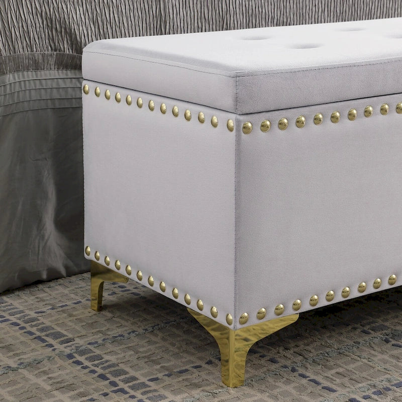 Ensemble de grands bancs de rangement, bancs 2 en 1 avec garniture cloutée, bancs en velours capitonné avec pieds dorés, supporte 113 kg
