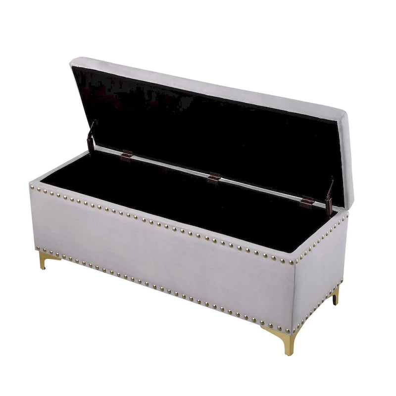 Ensemble de grands bancs de rangement, bancs 2 en 1 avec garniture cloutée, bancs en velours capitonné avec pieds dorés, supporte 113 kg