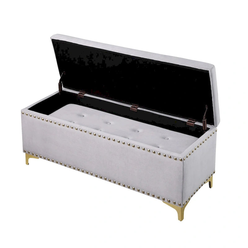 Ensemble de grands bancs de rangement, bancs 2 en 1 avec garniture cloutée, bancs en velours capitonné avec pieds dorés, supporte 113 kg