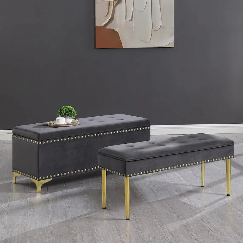 Ensemble de grands bancs de rangement, bancs 2 en 1 avec garniture cloutée, bancs en velours capitonné avec pieds dorés, supporte 113 kg