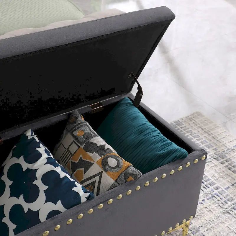 Ensemble de grands bancs de rangement, bancs 2 en 1 avec garniture cloutée, bancs en velours capitonné avec pieds dorés, supporte 113 kg