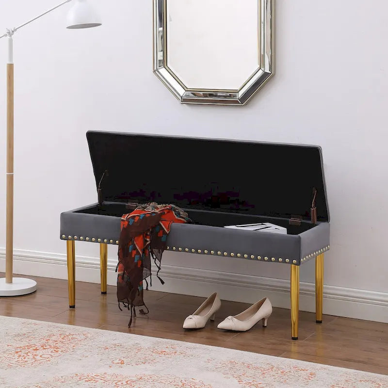 Ensemble de grands bancs de rangement, bancs 2 en 1 avec garniture cloutée, bancs en velours capitonné avec pieds dorés, supporte 113 kg