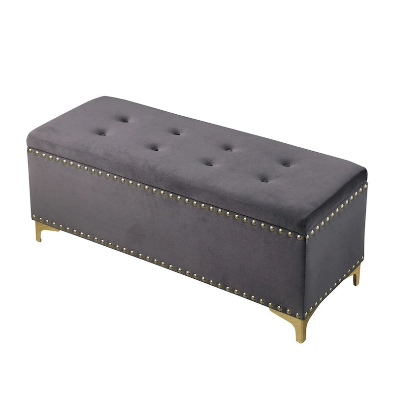 Ensemble de grands bancs de rangement, bancs 2 en 1 avec garniture cloutée, bancs en velours capitonné avec pieds dorés, supporte 113 kg