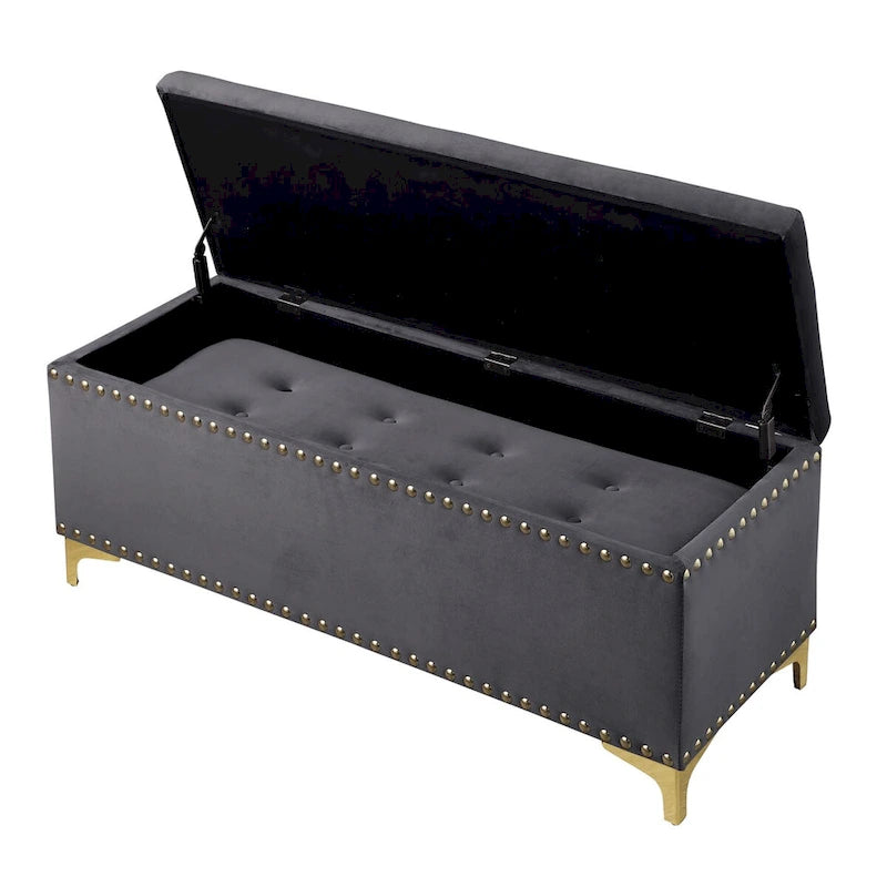 Ensemble de grands bancs de rangement, bancs 2 en 1 avec garniture cloutée, bancs en velours capitonné avec pieds dorés, supporte 113 kg